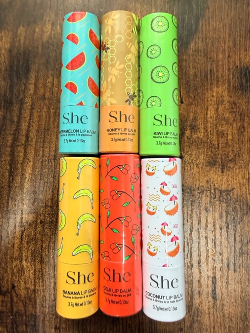 She Makeup Fruit Lip Balm Set - Watermelon, Honey, Kiwi, Banana, Goji, Coconut